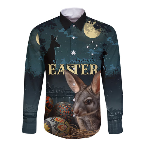 Australia Easter 2024 Long Sleeve Button Shirt Bunny With Aboriginal Eggs At Starry Night