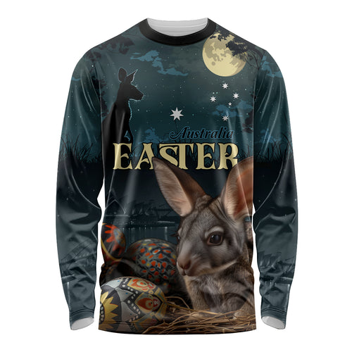 Australia Easter 2024 Long Sleeve Shirt Bunny With Aboriginal Eggs At Starry Night