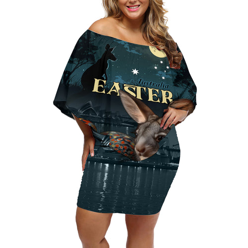 Australia Easter 2024 Off Shoulder Short Dress Bunny With Aboriginal Eggs At Starry Night