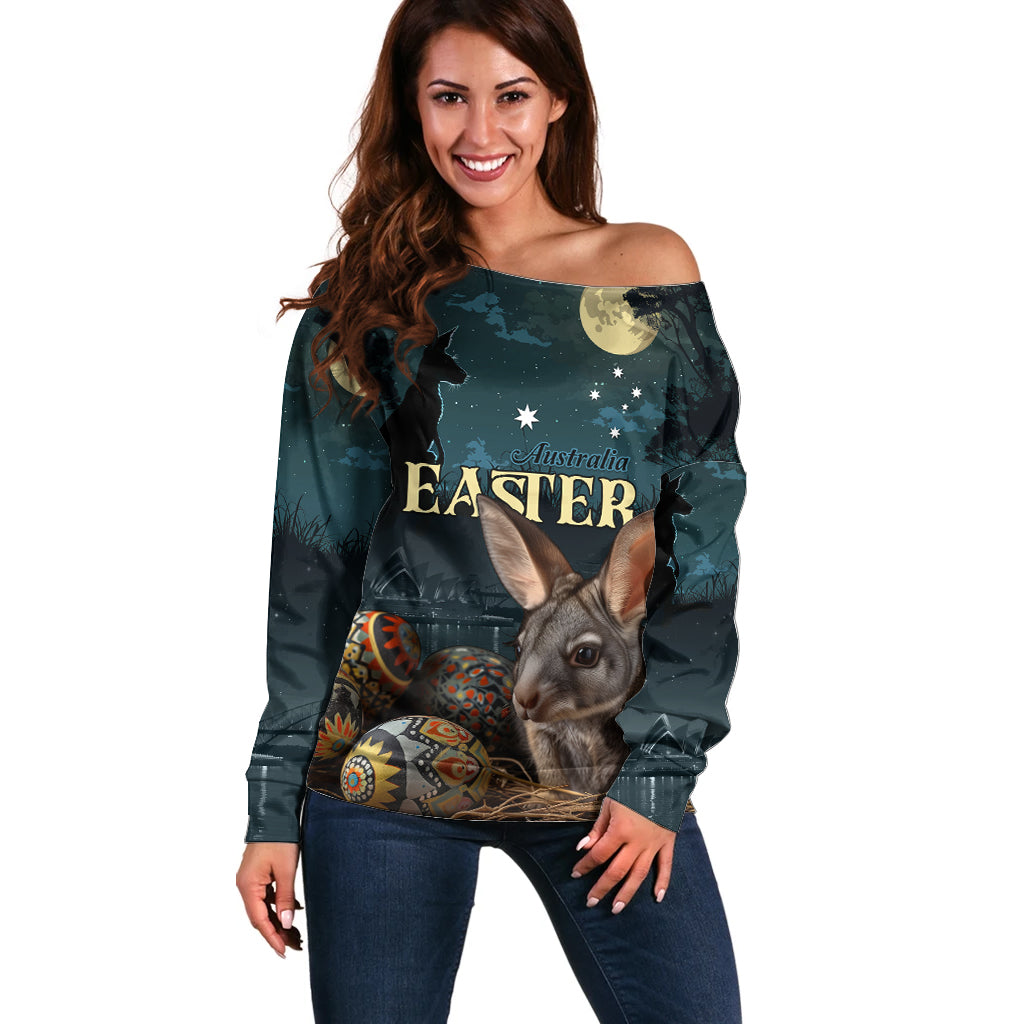Australia Easter 2024 Off Shoulder Sweater Bunny With Aboriginal Eggs At Starry Night