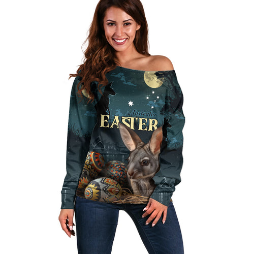 Australia Easter 2024 Off Shoulder Sweater Bunny With Aboriginal Eggs At Starry Night