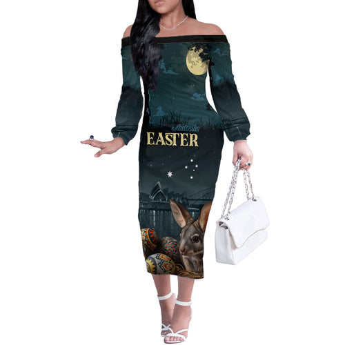 Australia Easter 2024 Off The Shoulder Long Sleeve Dress Bunny With Aboriginal Eggs At Starry Night