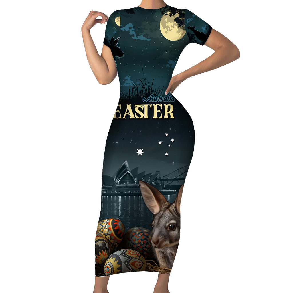 Australia Easter 2024 Short Sleeve Bodycon Dress Bunny With Aboriginal Eggs At Starry Night