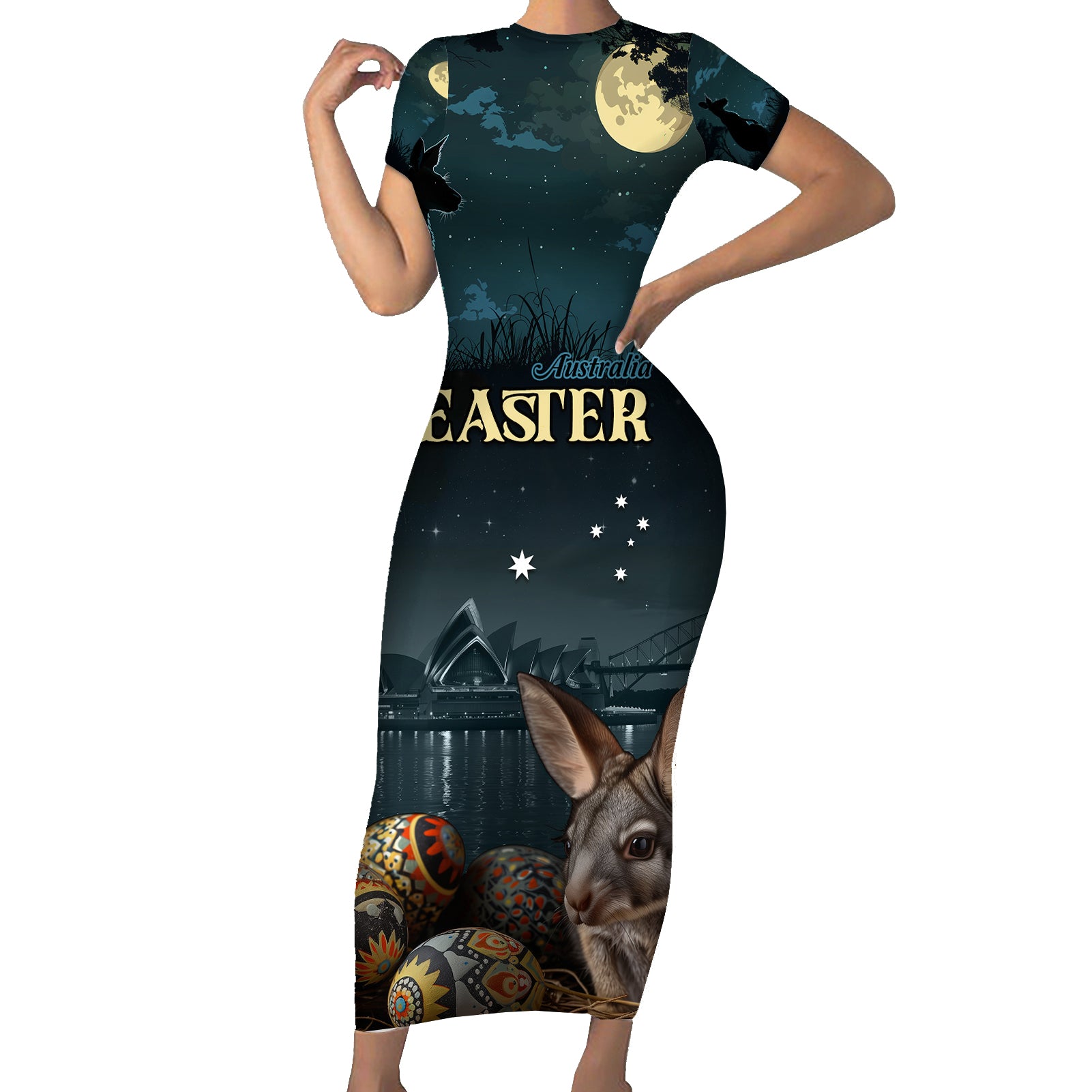 Australia Easter 2024 Short Sleeve Bodycon Dress Bunny With Aboriginal Eggs At Starry Night