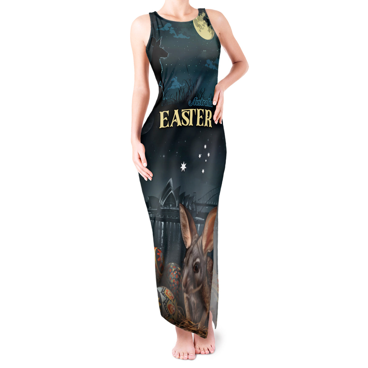 Australia Easter 2024 Tank Maxi Dress Bunny With Aboriginal Eggs At Starry Night