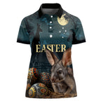 Australia Easter 2024 Women Polo Shirt Bunny With Aboriginal Eggs At Starry Night
