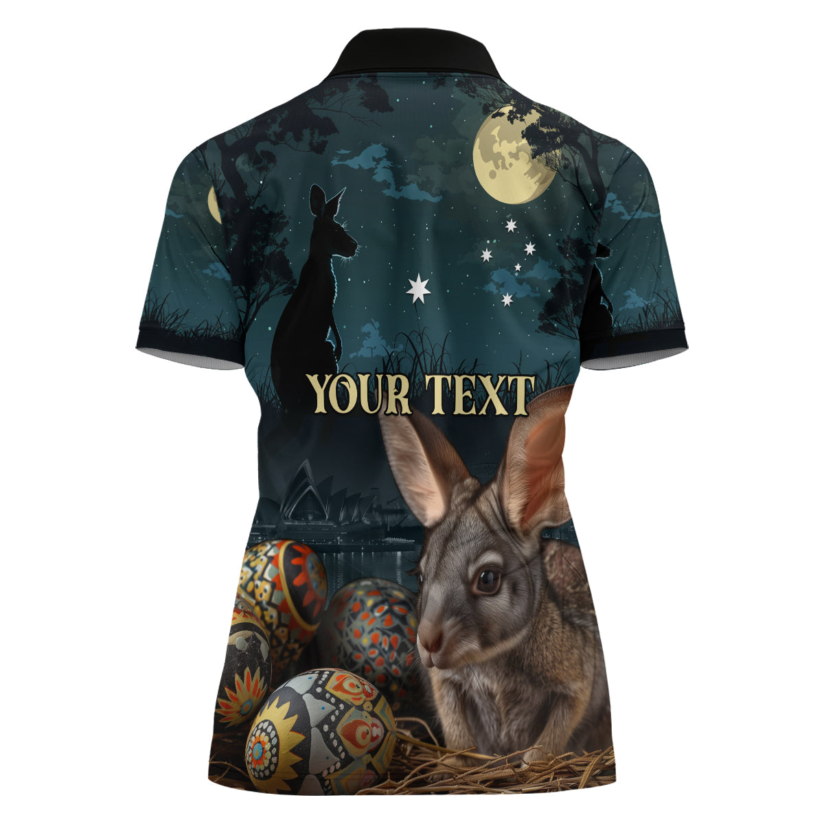 Australia Easter 2024 Women Polo Shirt Bunny With Aboriginal Eggs At Starry Night
