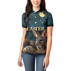 Australia Easter 2024 Women Polo Shirt Bunny With Aboriginal Eggs At Starry Night