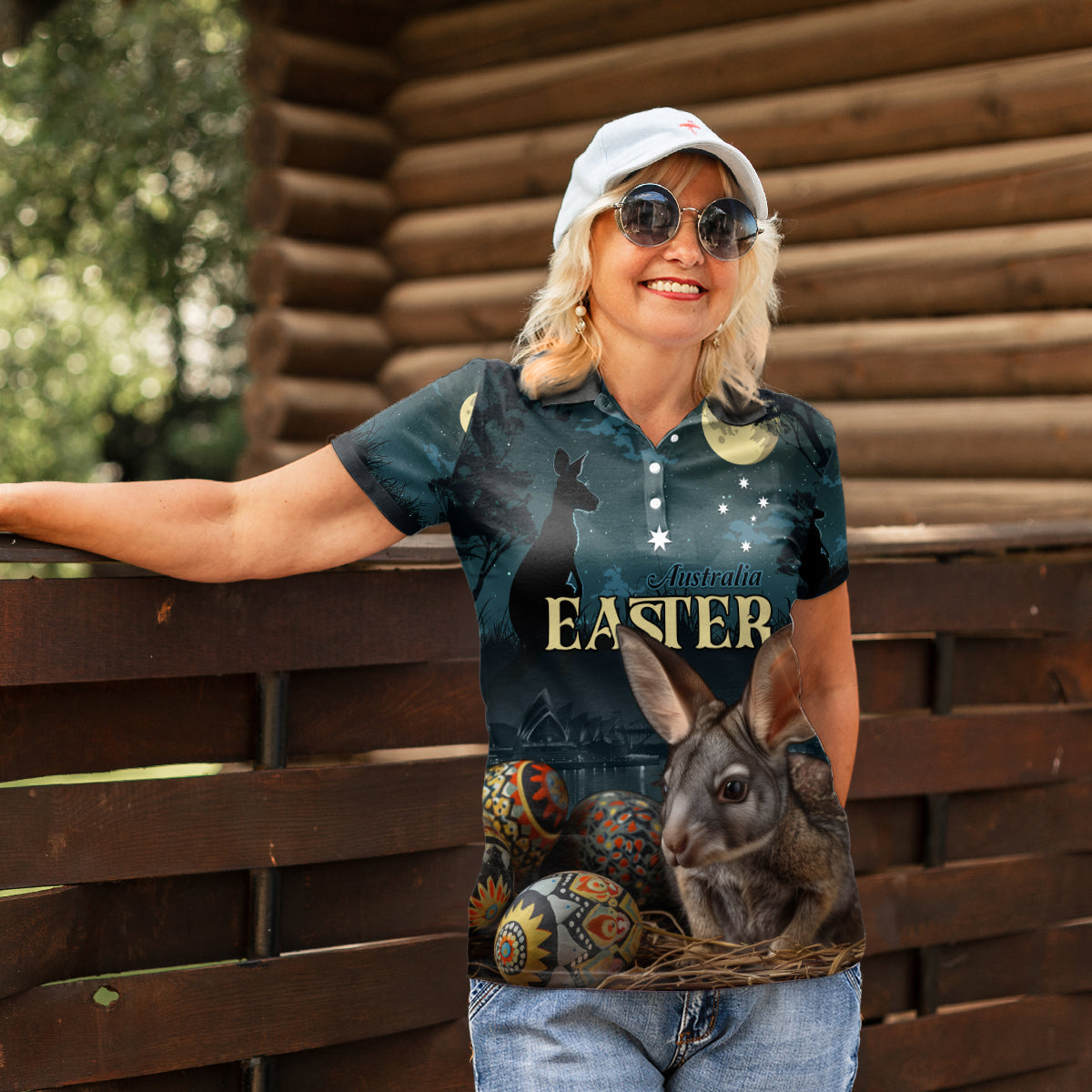Australia Easter 2024 Women Polo Shirt Bunny With Aboriginal Eggs At Starry Night