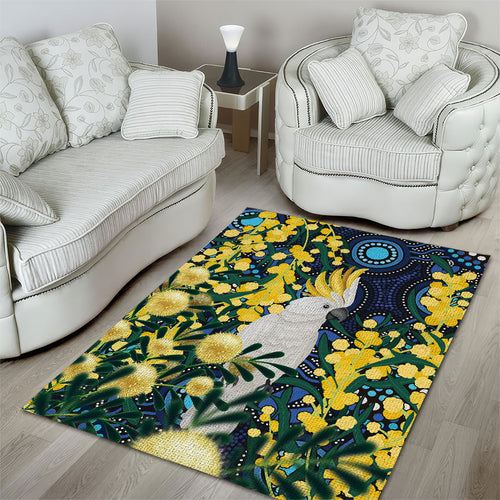 Australia Golden Wattle Area Rug Aussie Cockatoo Aboriginal Art