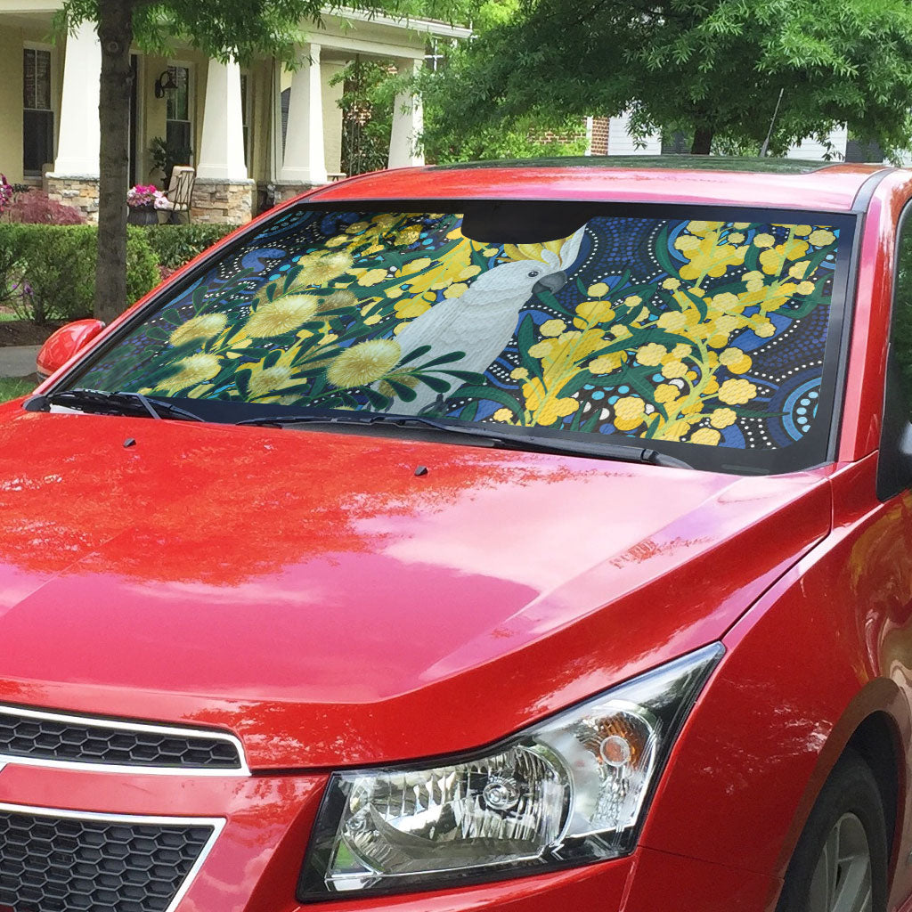 Australia Golden Wattle Auto Sun Shade Aussie Cockatoo Aboriginal Art