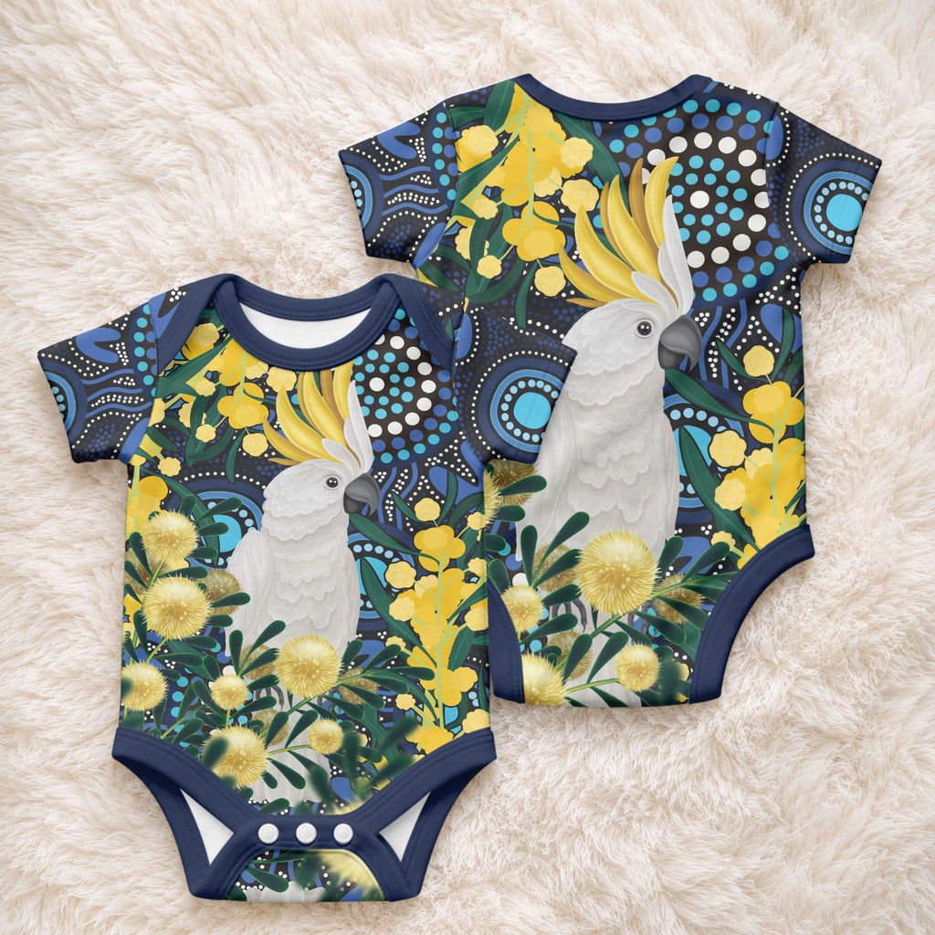 Australia Golden Wattle Baby Onesie Aussie Cockatoo Aboriginal Art