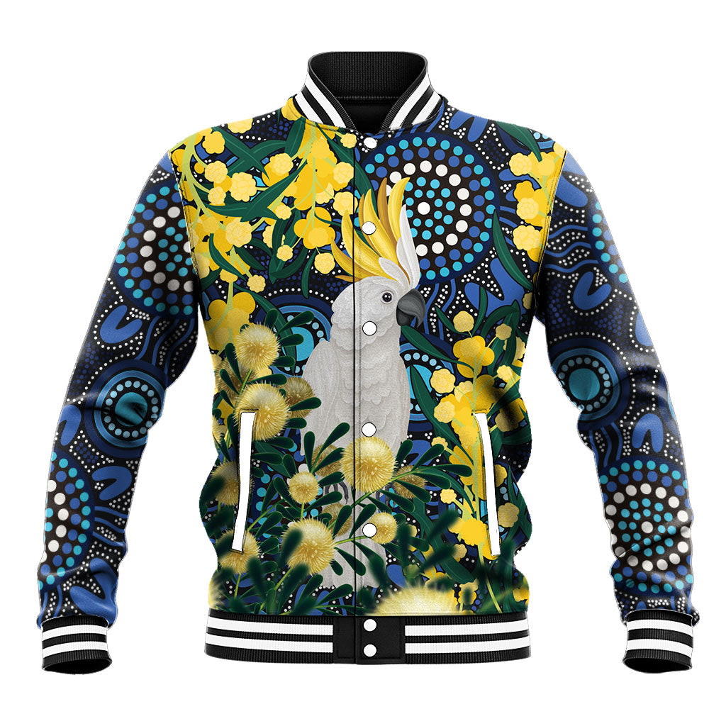 Australia Golden Wattle Baseball Jacket Aussie Cockatoo Aboriginal Art