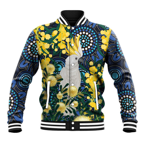 Australia Golden Wattle Baseball Jacket Aussie Cockatoo Aboriginal Art