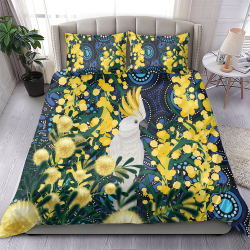 Australia Golden Wattle Bedding Set Aussie Cockatoo Aboriginal Art
