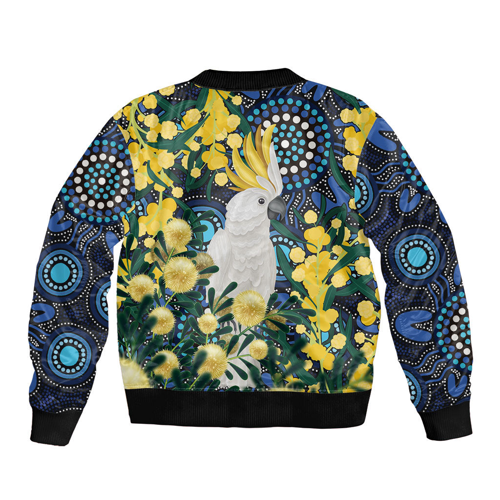 Australia Golden Wattle Bomber Jacket Aussie Cockatoo Aboriginal Art