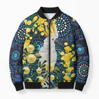Australia Golden Wattle Bomber Puffer Jacket Aussie Cockatoo Aboriginal Art