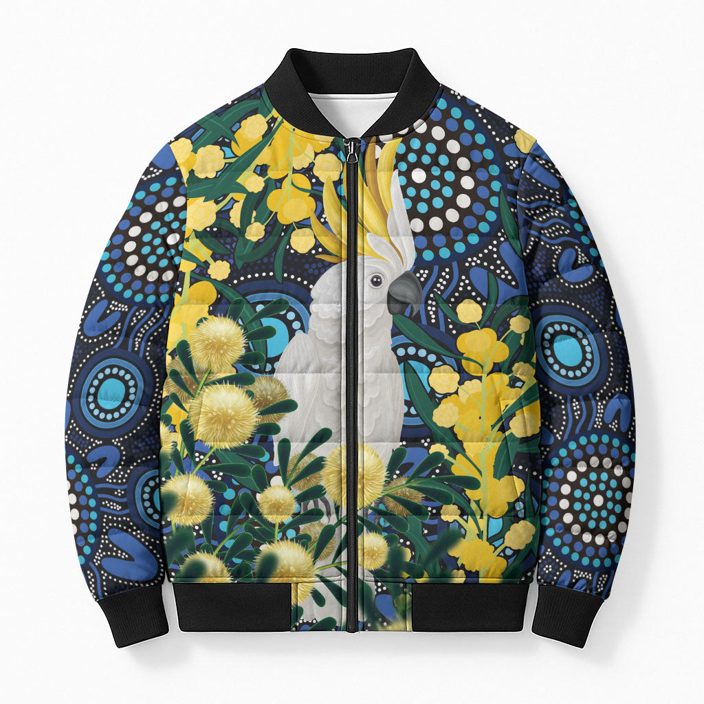Australia Golden Wattle Bomber Puffer Jacket Aussie Cockatoo Aboriginal Art