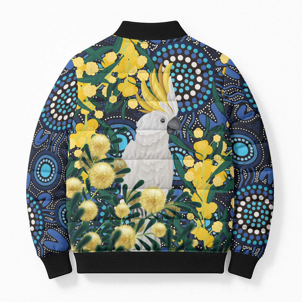 Australia Golden Wattle Bomber Puffer Jacket Aussie Cockatoo Aboriginal Art
