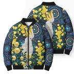 Australia Golden Wattle Bomber Puffer Jacket Aussie Cockatoo Aboriginal Art