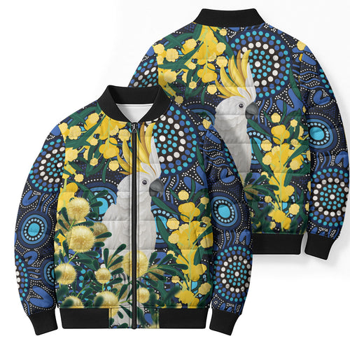 Australia Golden Wattle Bomber Puffer Jacket Aussie Cockatoo Aboriginal Art