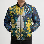 Australia Golden Wattle Bomber Puffer Jacket Aussie Cockatoo Aboriginal Art