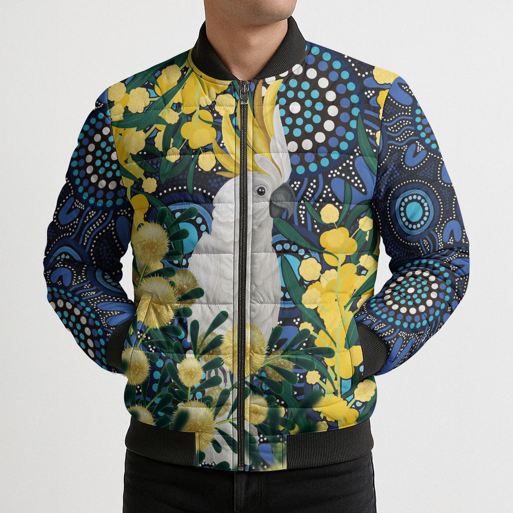 Australia Golden Wattle Bomber Puffer Jacket Aussie Cockatoo Aboriginal Art