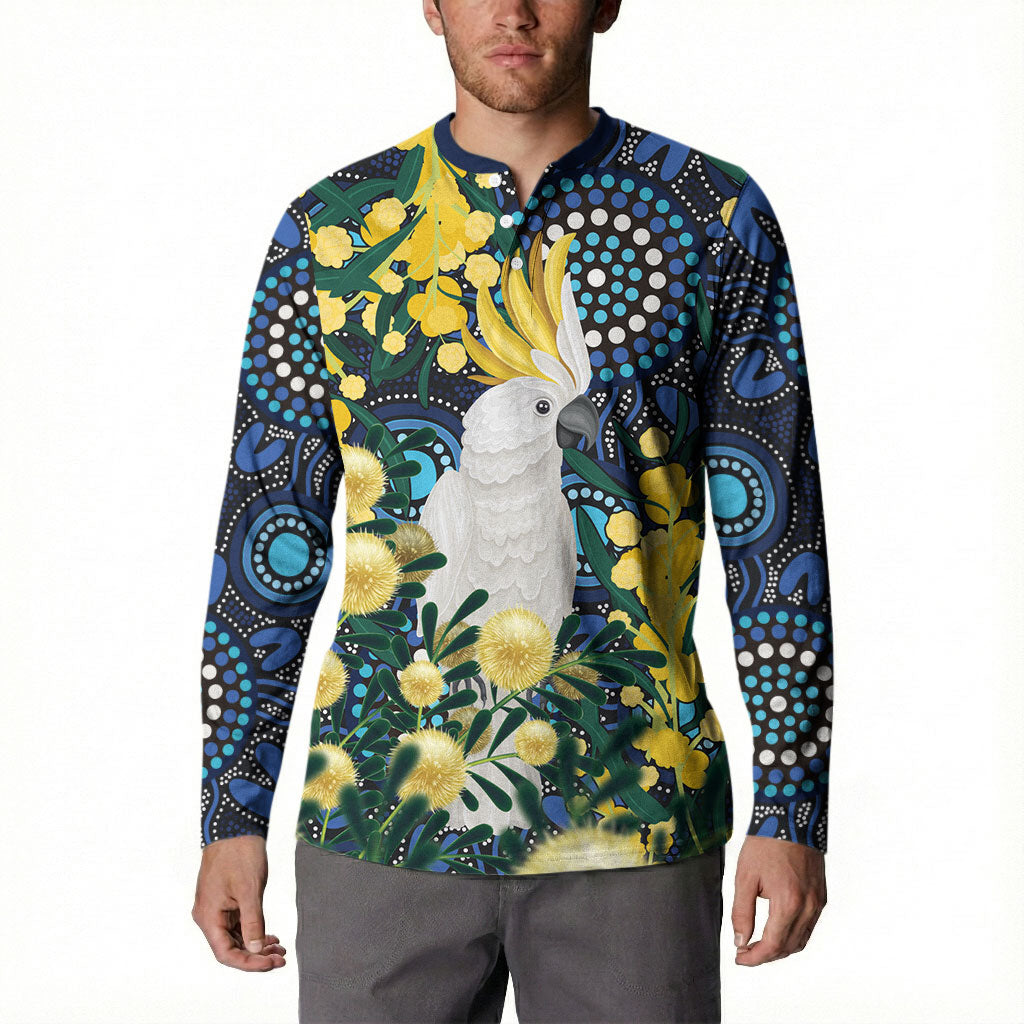 Australia Golden Wattle Button Sweatshirt Aussie Cockatoo Aboriginal Art