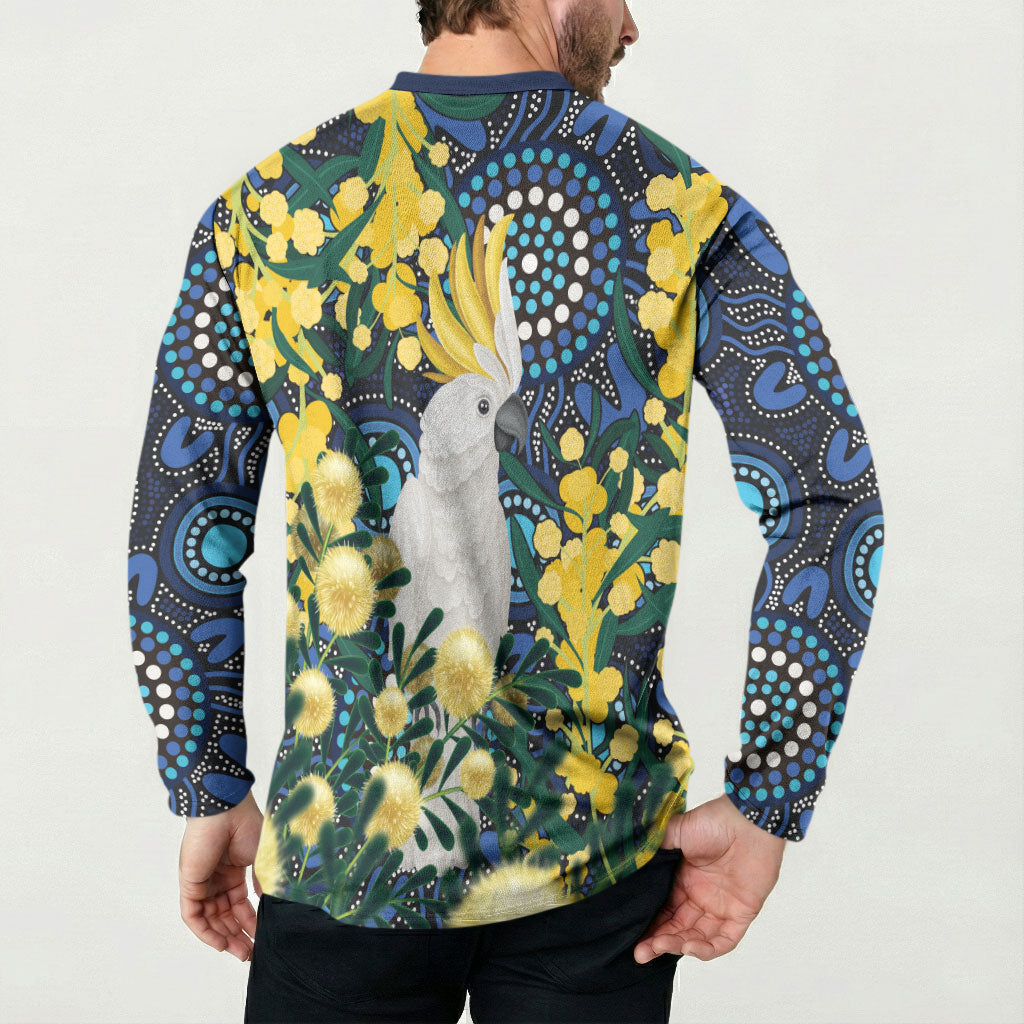 Australia Golden Wattle Button Sweatshirt Aussie Cockatoo Aboriginal Art