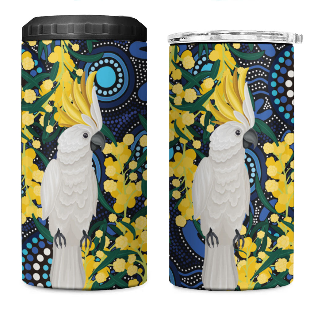 Australia Golden Wattle 4 in 1 Can Cooler Tumbler Aussie Cockatoo Aboriginal Art