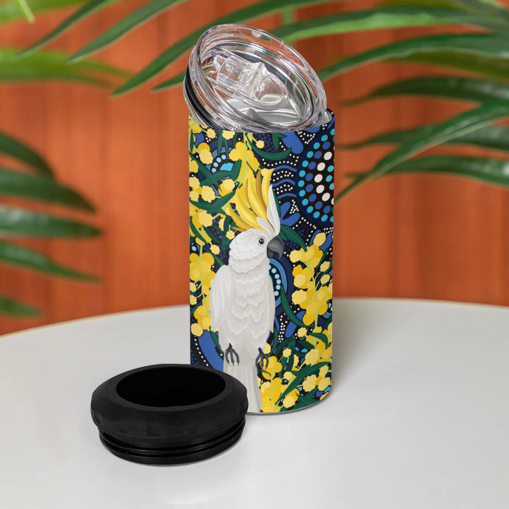 Australia Golden Wattle 4 in 1 Can Cooler Tumbler Aussie Cockatoo Aboriginal Art