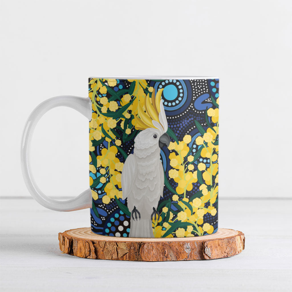Australia Golden Wattle Ceramic Mug Aussie Cockatoo Aboriginal Art