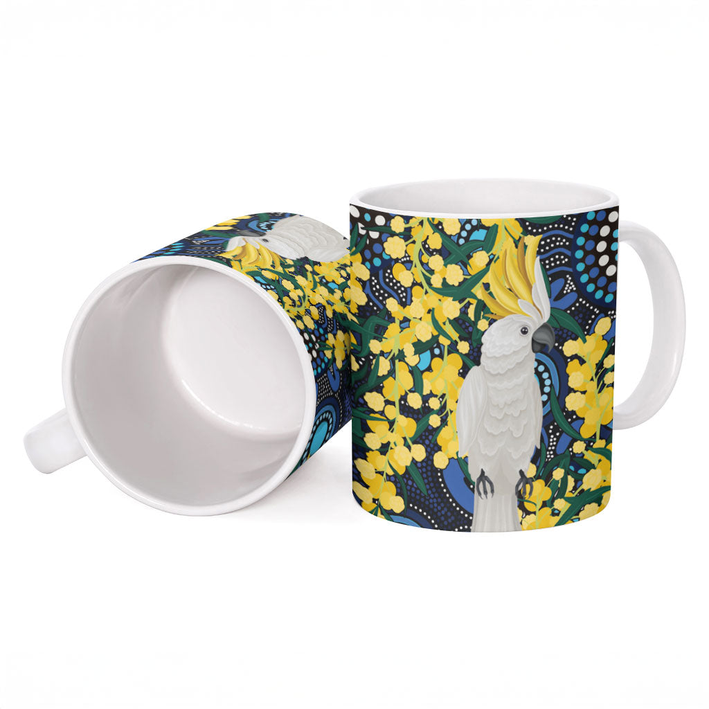 Australia Golden Wattle Ceramic Mug Aussie Cockatoo Aboriginal Art