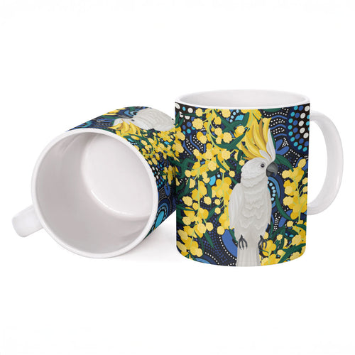 Australia Golden Wattle Ceramic Mug Aussie Cockatoo Aboriginal Art