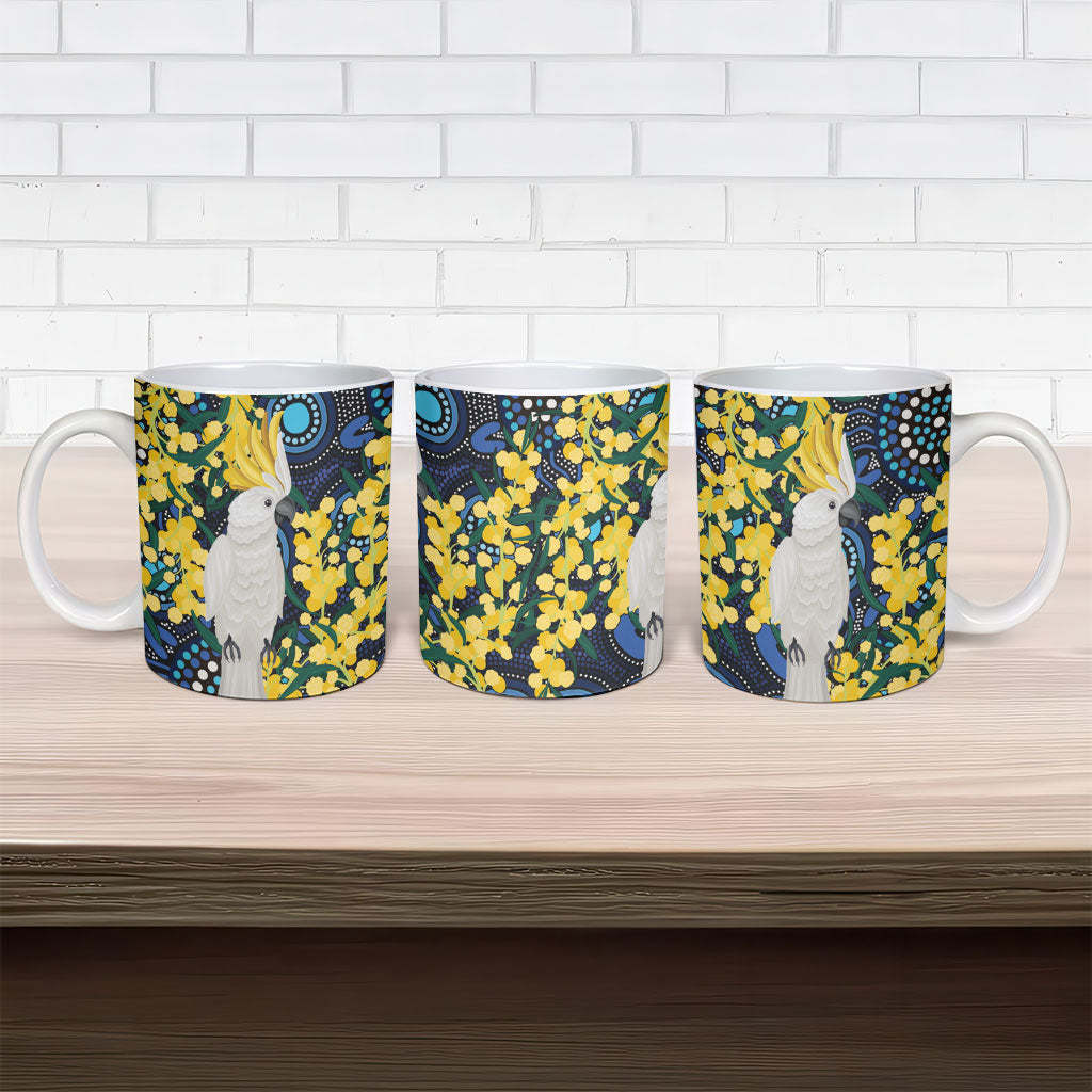Australia Golden Wattle Ceramic Mug Aussie Cockatoo Aboriginal Art