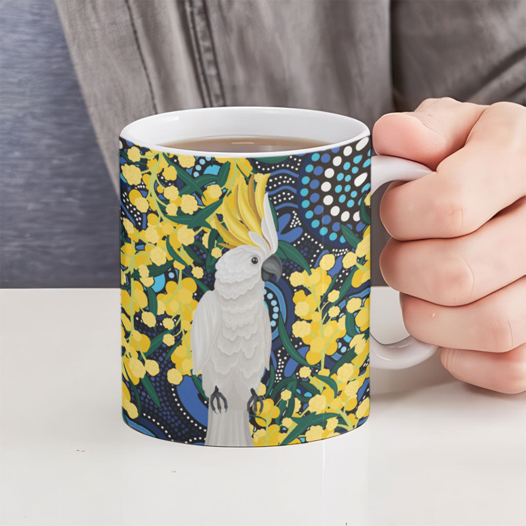 Australia Golden Wattle Ceramic Mug Aussie Cockatoo Aboriginal Art