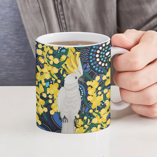 Australia Golden Wattle Ceramic Mug Aussie Cockatoo Aboriginal Art