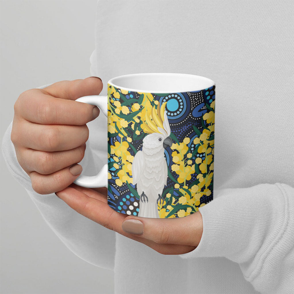 Australia Golden Wattle Ceramic Mug Aussie Cockatoo Aboriginal Art