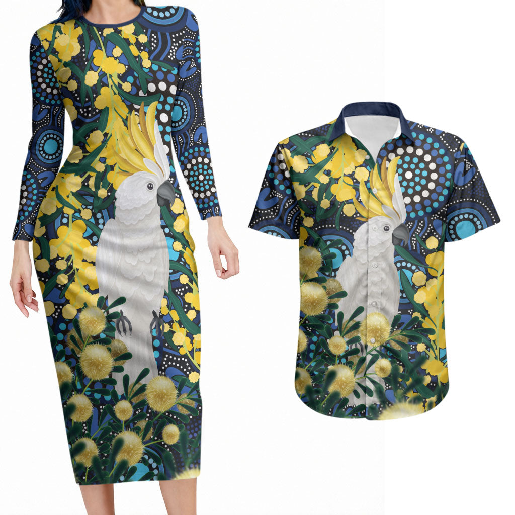 Australia Golden Wattle Couples Matching Long Sleeve Bodycon Dress and Hawaiian Shirt Aussie Cockatoo Aboriginal Art