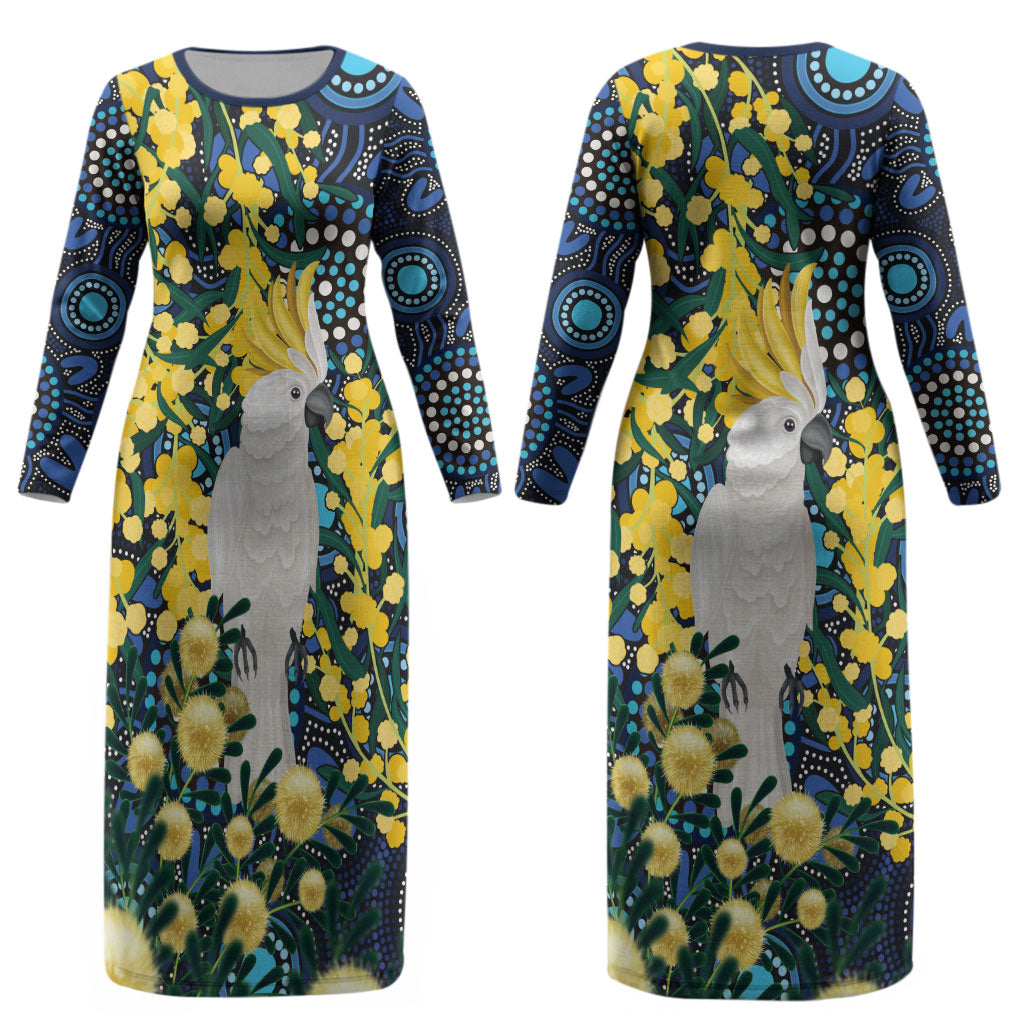 Australia Golden Wattle Couples Matching Long Sleeve Bodycon Dress and Hawaiian Shirt Aussie Cockatoo Aboriginal Art