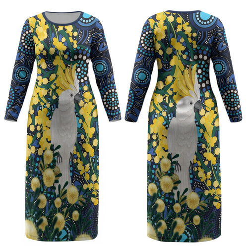Australia Golden Wattle Couples Matching Long Sleeve Bodycon Dress and Hawaiian Shirt Aussie Cockatoo Aboriginal Art
