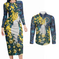 Australia Golden Wattle Couples Matching Long Sleeve Bodycon Dress and Long Sleeve Button Shirt Aussie Cockatoo Aboriginal Art