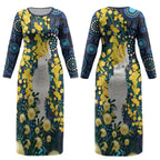 Australia Golden Wattle Couples Matching Long Sleeve Bodycon Dress and Long Sleeve Button Shirt Aussie Cockatoo Aboriginal Art