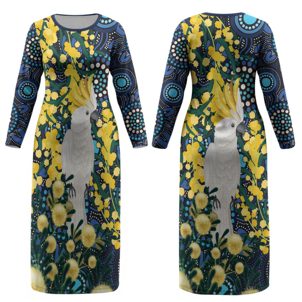 Australia Golden Wattle Couples Matching Long Sleeve Bodycon Dress and Long Sleeve Button Shirt Aussie Cockatoo Aboriginal Art