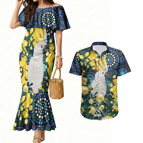 Australia Golden Wattle Couples Matching Mermaid Dress and Hawaiian Shirt Aussie Cockatoo Aboriginal Art