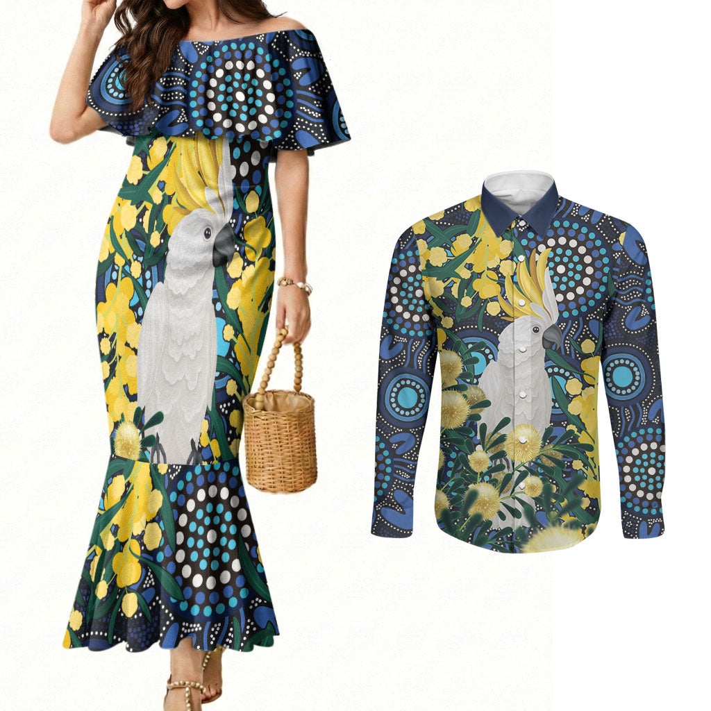 Australia Golden Wattle Couples Matching Mermaid Dress and Long Sleeve Button Shirt Aussie Cockatoo Aboriginal Art