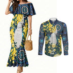 Australia Golden Wattle Couples Matching Mermaid Dress and Long Sleeve Button Shirt Aussie Cockatoo Aboriginal Art