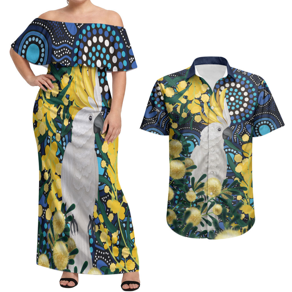 Australia Golden Wattle Couples Matching Off Shoulder Maxi Dress and Hawaiian Shirt Aussie Cockatoo Aboriginal Art