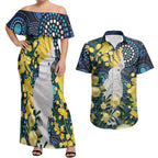 Australia Golden Wattle Couples Matching Off Shoulder Maxi Dress and Hawaiian Shirt Aussie Cockatoo Aboriginal Art