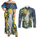 Australia Golden Wattle Couples Matching Off Shoulder Maxi Dress and Long Sleeve Button Shirt Aussie Cockatoo Aboriginal Art